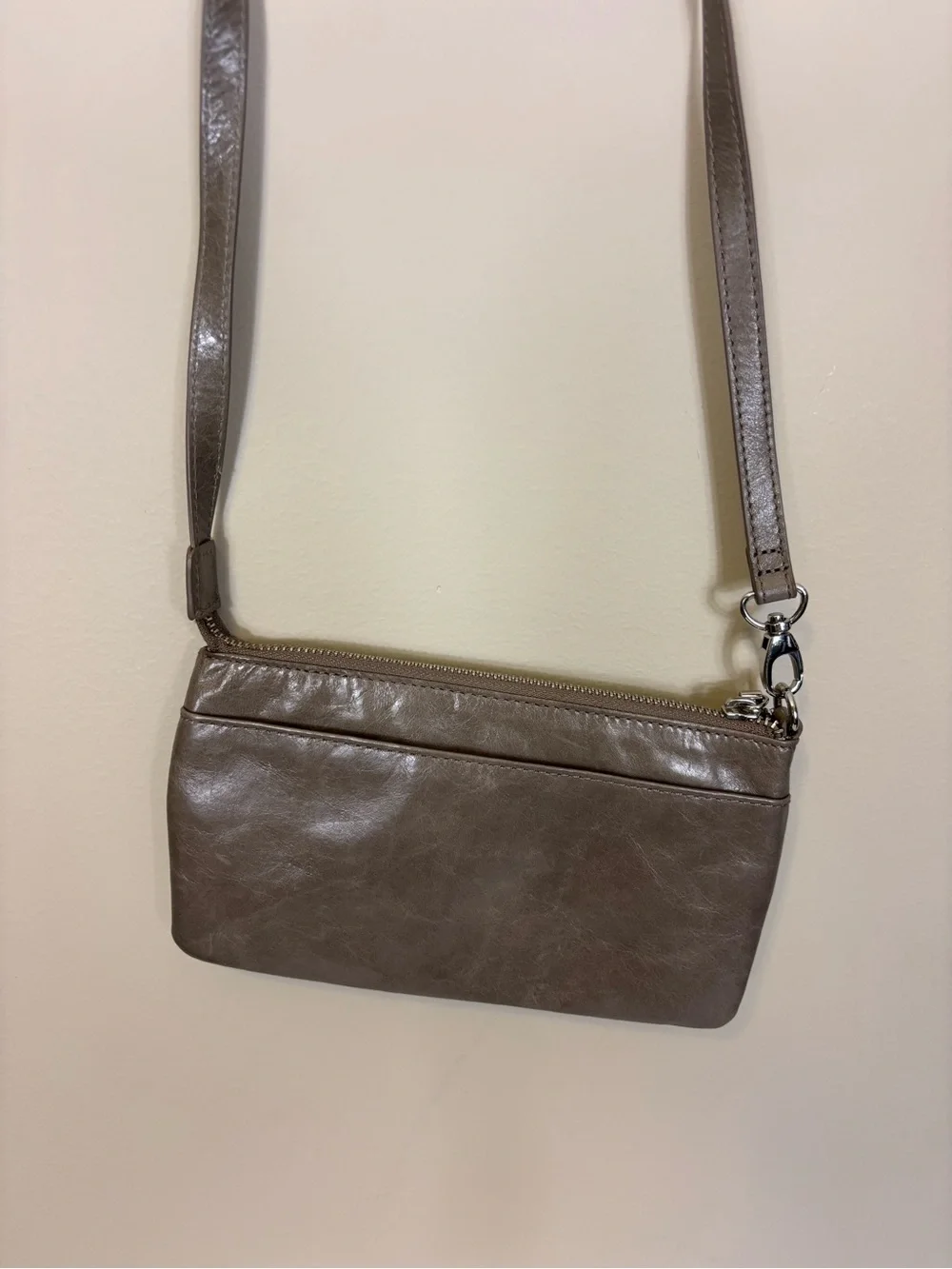 HOBO Gray Leather Crossbody & Shoulder Purse with Dual Zip Pockets on front